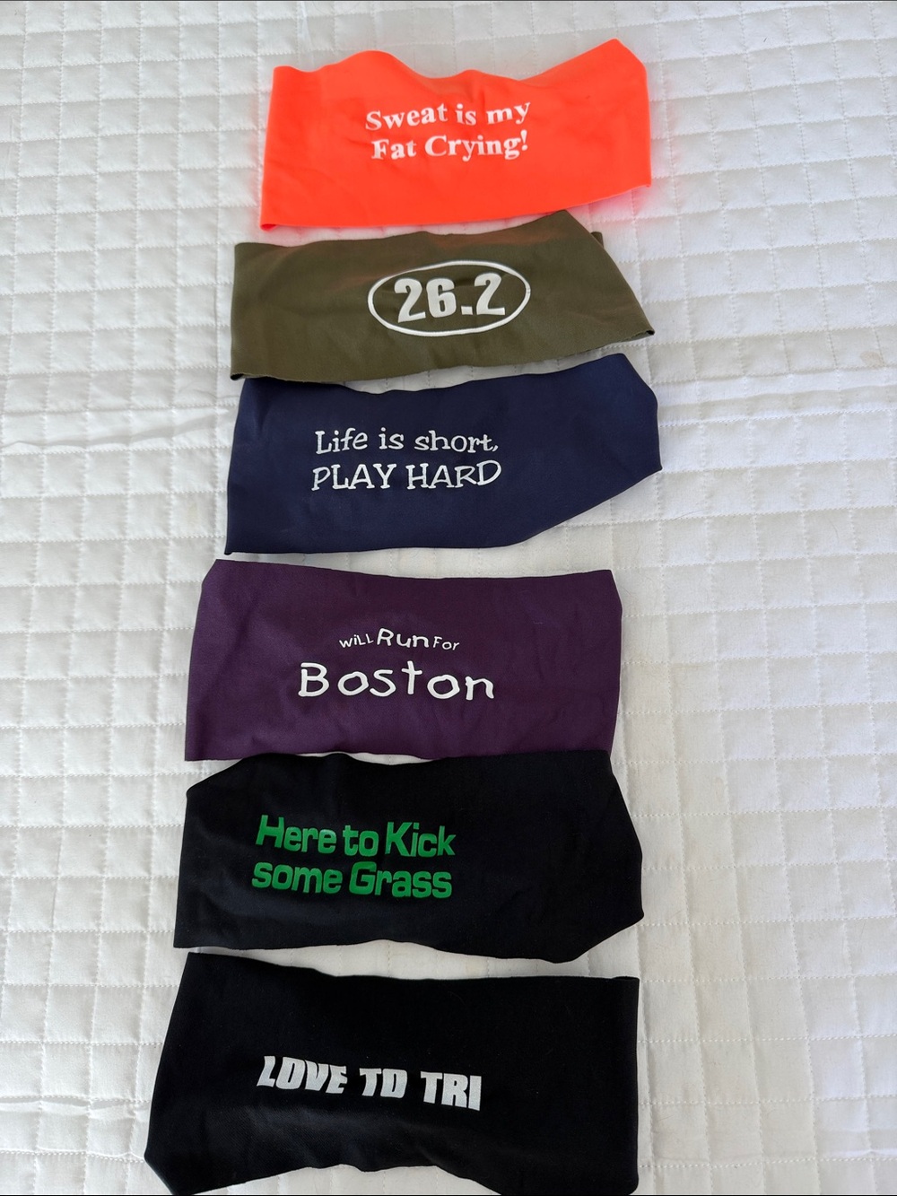 Set of Motivational Running Headbands - Neon Orange, Olive, Navy, Purple, Black